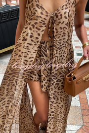 Immerse Vacation Leopard Tie-up Slit Midi Top and Elastic Waist Shorts Set