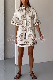 Resort Style Print Lapel Short Sleeve Shirt and Casual Mini Skirt Set