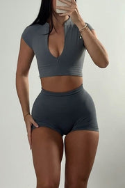 Fashionable Sports Yoga Style V-neck Crop Top and Stretch Slim Shorts Set