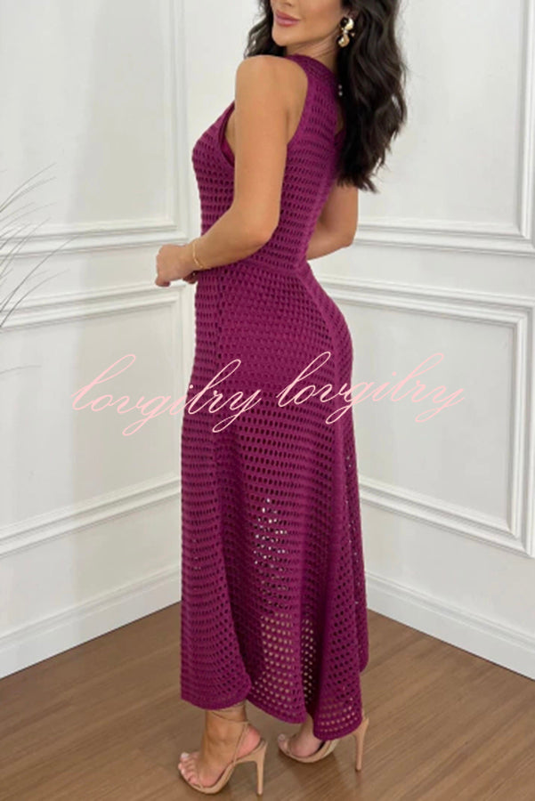 Violet Crochet Knit Round Neck Texture A-line Maxi Dress