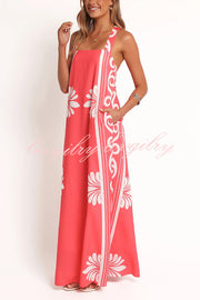 Unique Print Square Neck Open Back Tie Bow Holiday Maxi Dress