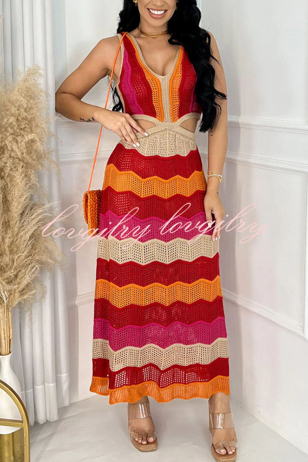 Darling Perfection Knit Texture Color Block Side Waist Cutout Maxi Dress