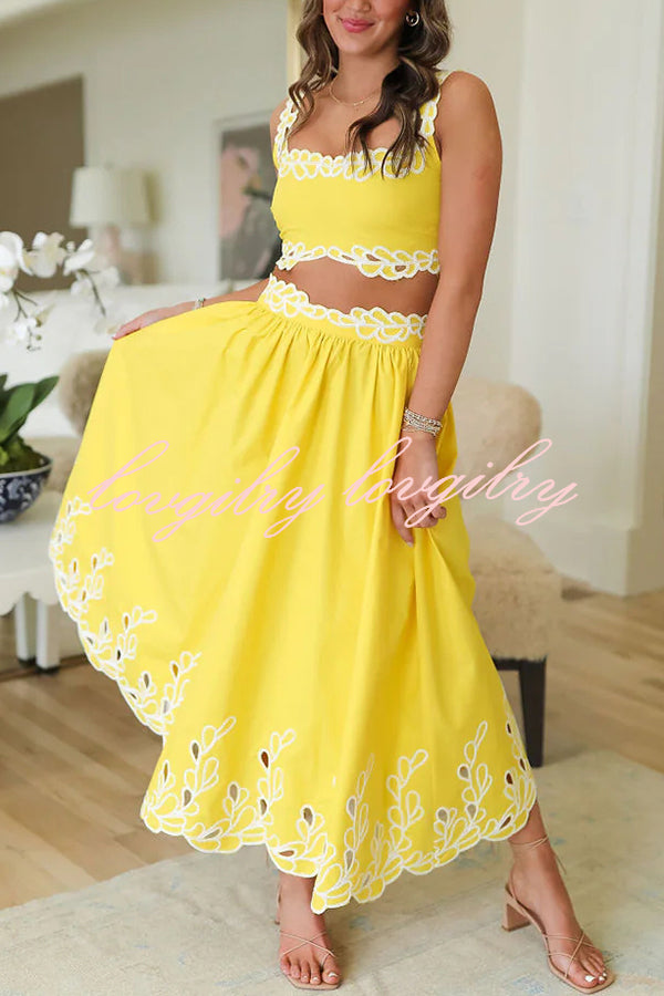 Perfect Vacation Embroidered Trim Crop Tank and Elastic Waist A-line Maxi Skirt Set