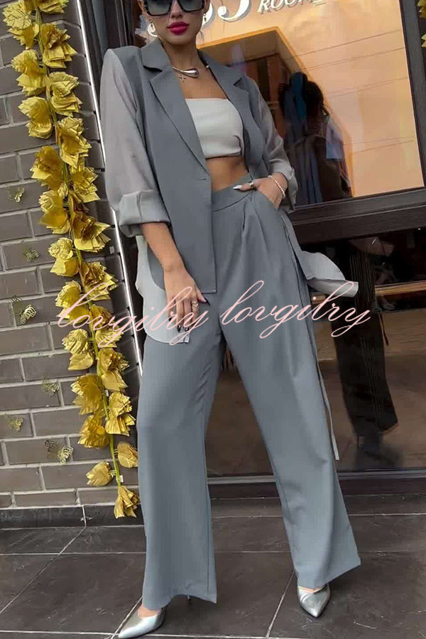 Chic and Elegant Chiffon Patchwork Irregular Lace-up Jacket and Pocketed Straight-leg Pants Set