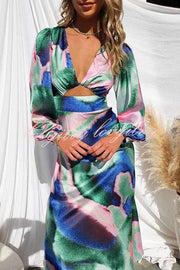 Own The Evening Satin Neon Print Cutout Midi Dress