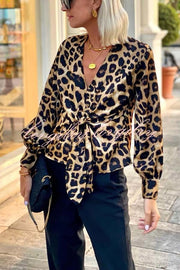 Janae Leopard Print Front Tie-up Lantern Sleeve Casual Blouse