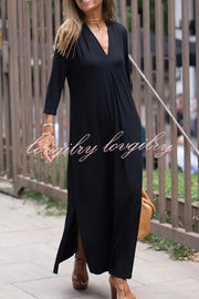 Solid Color V-neck Casual Slit Maxi Dress