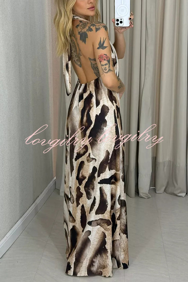 Leopard Print Sexy Halter Neck Backless Loose Maxi Dress