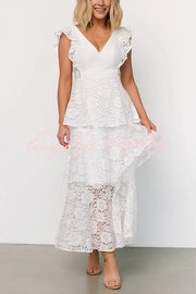 Lace V-neck Ruffled Sleeves Cinched Waist Maxi Dress