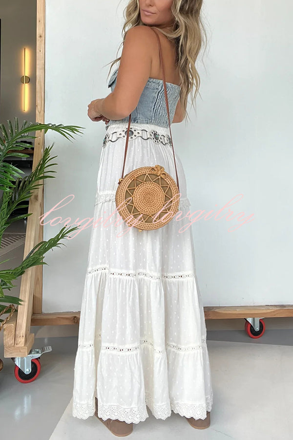 Fashion Lace Splicing Elastic Waist Loose High Slit Maxi Skirt