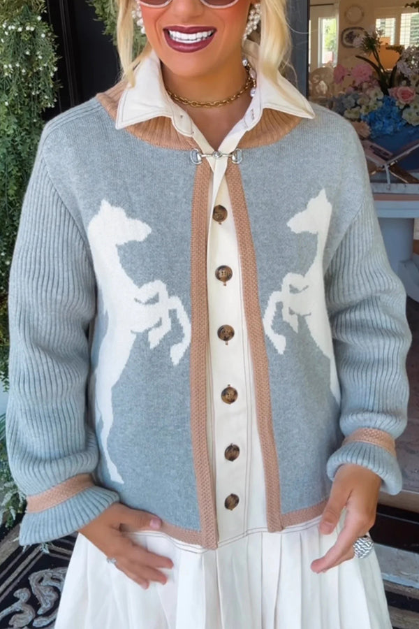 Stylish White Horse Pattern Casual Long-sleeved Knitted Cardigan