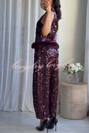 Gala Goddess Sequin High Rise Zipper Waist Wide Leg Pants