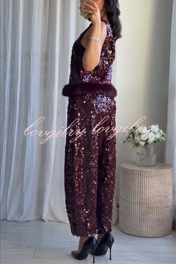 Gala Goddess Sequin High Rise Zipper Waist Wide Leg Pants