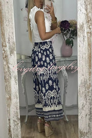 Unique Print Elastic Waist Loose Pocket Holiday Wide Leg Pants