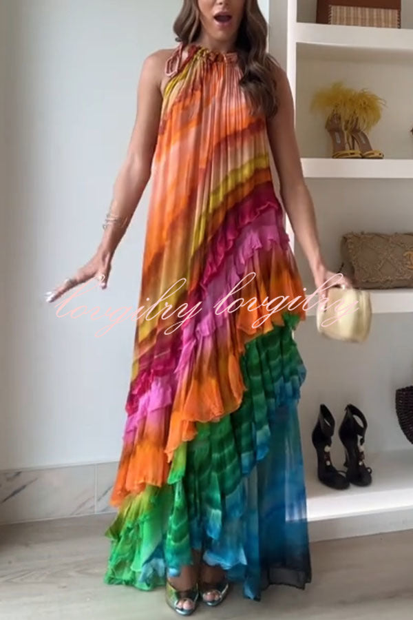 Rosha Georgette Crepe Tie-dye Print Layered Ruffles A-line Maxi Dress