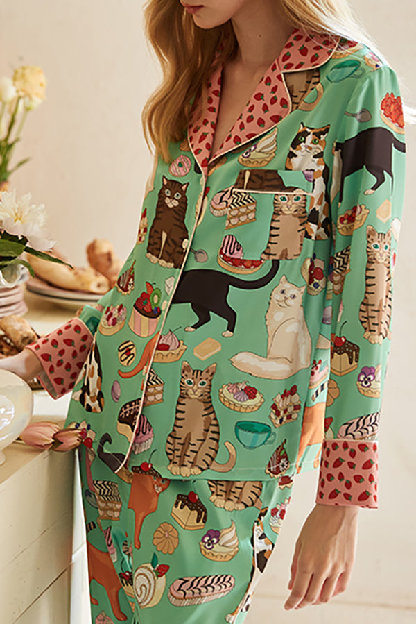 Coffee Cat Print Home Long Sleeve Two Piece Set