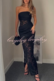 Dulcie Lace and Satin Patchwork Asymmetrical Pleats Bandeau Maxi Dress