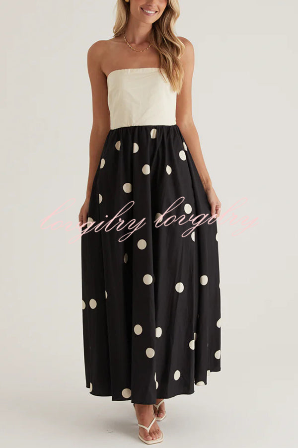 Fashion Polka Dot Print Tube Top Spliced Maxi Dress
