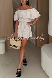 Solid Color Off-shoulder Ruffled Casual Waist Rompers
