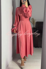 Solid Color Ruffled Sleeves Waisted Tie Slim Fit Maxi Dress