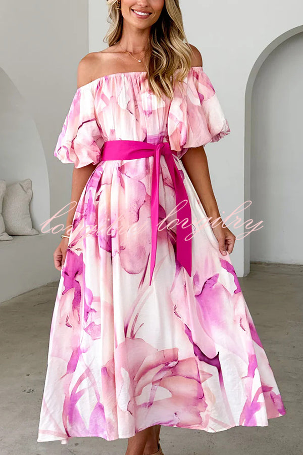 Floral Print Elegant Puff Sleeve Tie-Waist Midi Dress