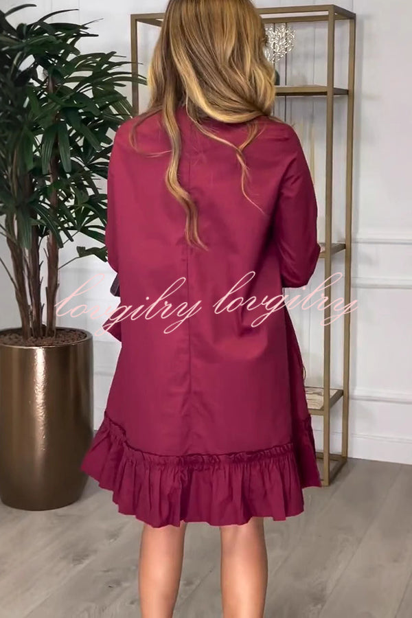 Solid Long Sleeve Round Neck Ruffle Hem Mini Dress