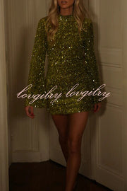 Dora Velvet Sequin High Neck Long Bell Sleeve H-line Mini Dress