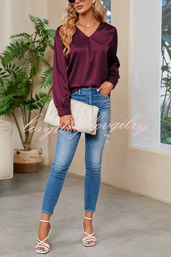 Satin Pleated V-neck Long-sleeved Loose Shirt