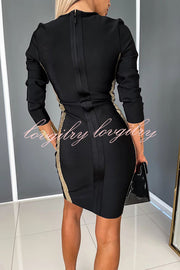 Moon River Gold Patchwork V Neck Long Sleeved Mini Dress