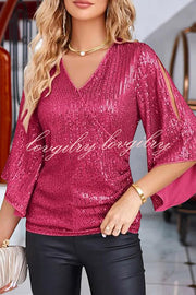 Solid Color Sequined V-neck Hollow Sleeve Slim Fit Top