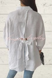 Linen Blend Solid Color Tie Back Loose Shirt Top