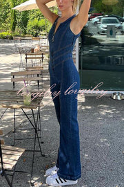 Fashionable Heart Hollow Back Slim High Waist Flared Denim Jumpsuit