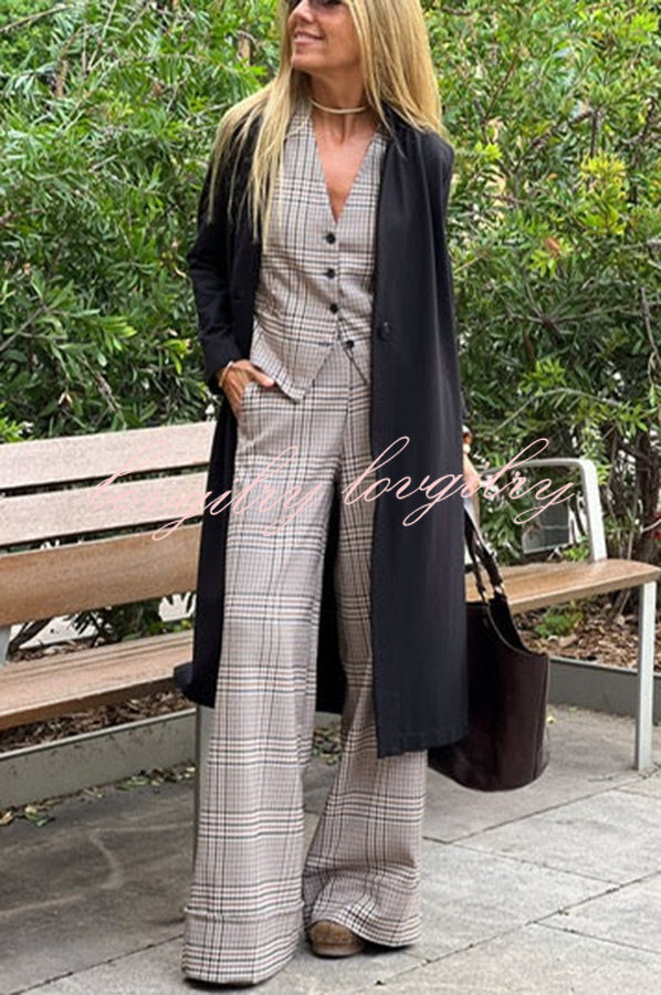 Office Chic Plaid Button Up Vest and Elastic Waist Pocketed Wide Leg Pants Set