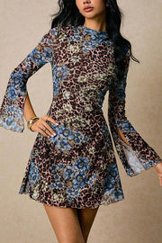 Floral Leopard Print Flared Long-sleeved Slim-fit Mini Dress