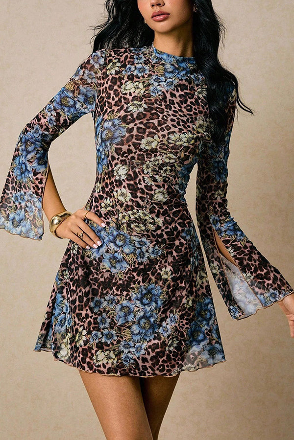 Floral Leopard Print Flared Long-sleeved Slim-fit Mini Dress