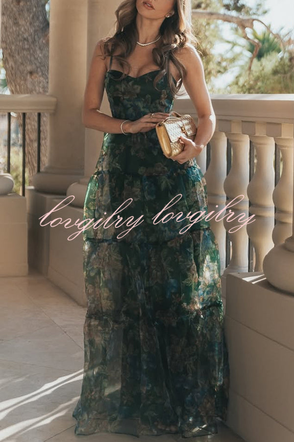Exclusive Glamour Organza Floral Print Tiered Slip Maxi Dress
