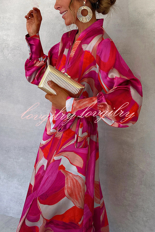 Unique Printed Long Sleeve V-neck Tie-up Waist Slit Maxi Dress