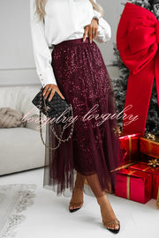 Party Daydream Sequin Tulle High Rise Elastic Waist Maxi Skirt