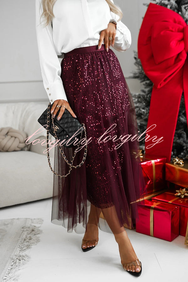 Party Daydream Sequin Tulle High Rise Elastic Waist Maxi Skirt