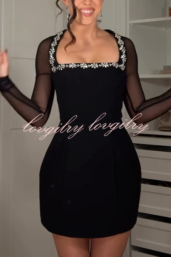 Emmey Jewel Embellished Trim Square-Neck Mesh Long Sleeve Mini Dress