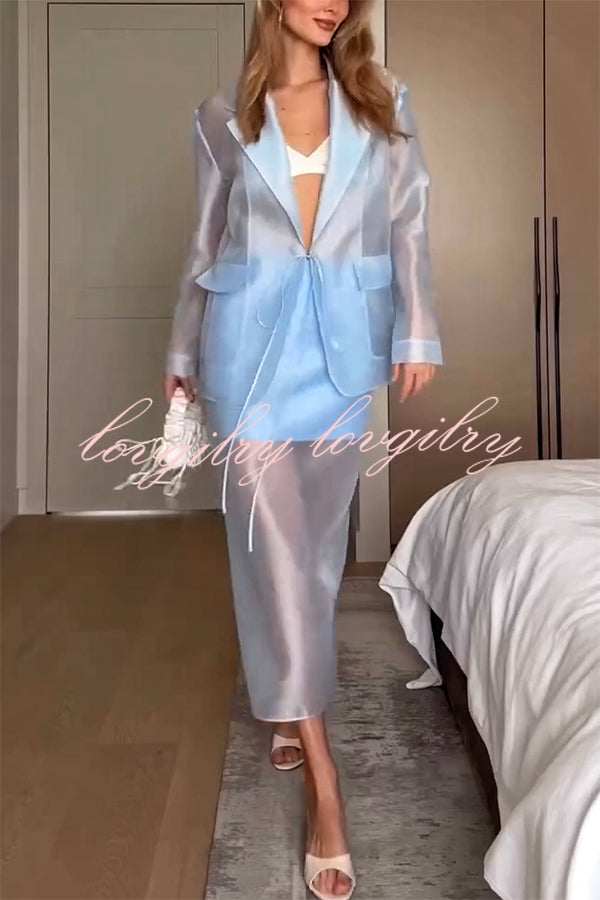 Simple and Light See-through Fabric Tie-up Long Sleeve Pocket Lapel Blazer