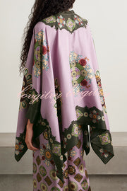 Satin Unique Print Loose Batwing Sleeve Top and Elastic Waist Pocket Casual Wide-leg Pants Set