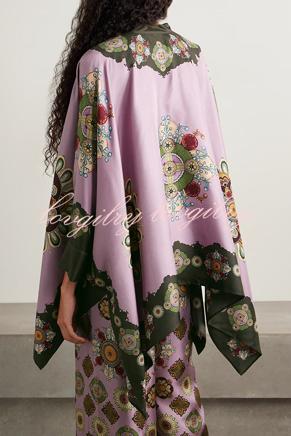 Satin Unique Print Loose Batwing Sleeve Top and Elastic Waist Pocket Casual Wide-leg Pants Set