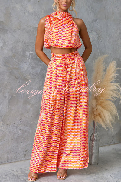 Girls Night Satin Printed High Neck Top and Elastic Tie-up Waist Pocket Wide Leg Pants Set