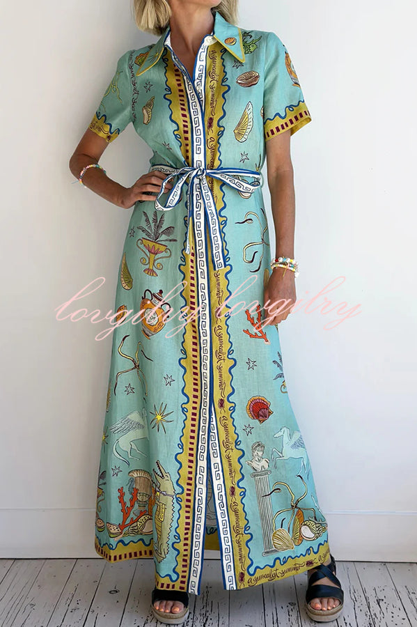 Deep Sea Dreaming Linen Blend Unique Print Short Sleeve Tie-up Shirt Maxi Dress