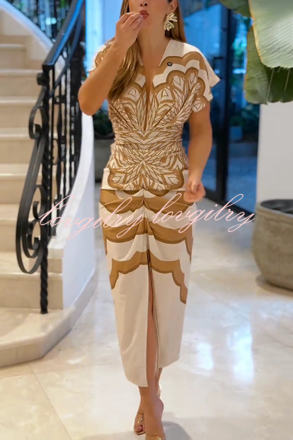 Feona Satin Unique Print V-neck Wide Sleeve Ruched Waist Slit Midi Dress