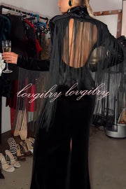 Eve Velvet Open Back Tassel Trim Long Sleeve Slit Maxi Dress