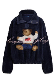 American Retro Polo Bear Pattern Stand Button Neck Long Sleeve Fleece Pullover