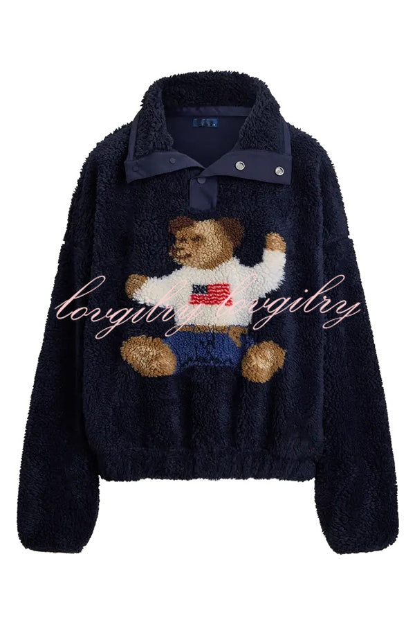American Retro Polo Bear Pattern Stand Button Neck Long Sleeve Fleece Pullover