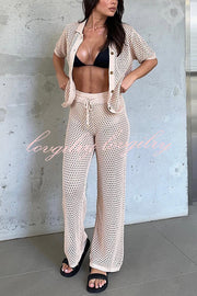 Fashion Hollow Loose Short-sleeved Top and Elastic Waist Casual Wide-leg Pants Set